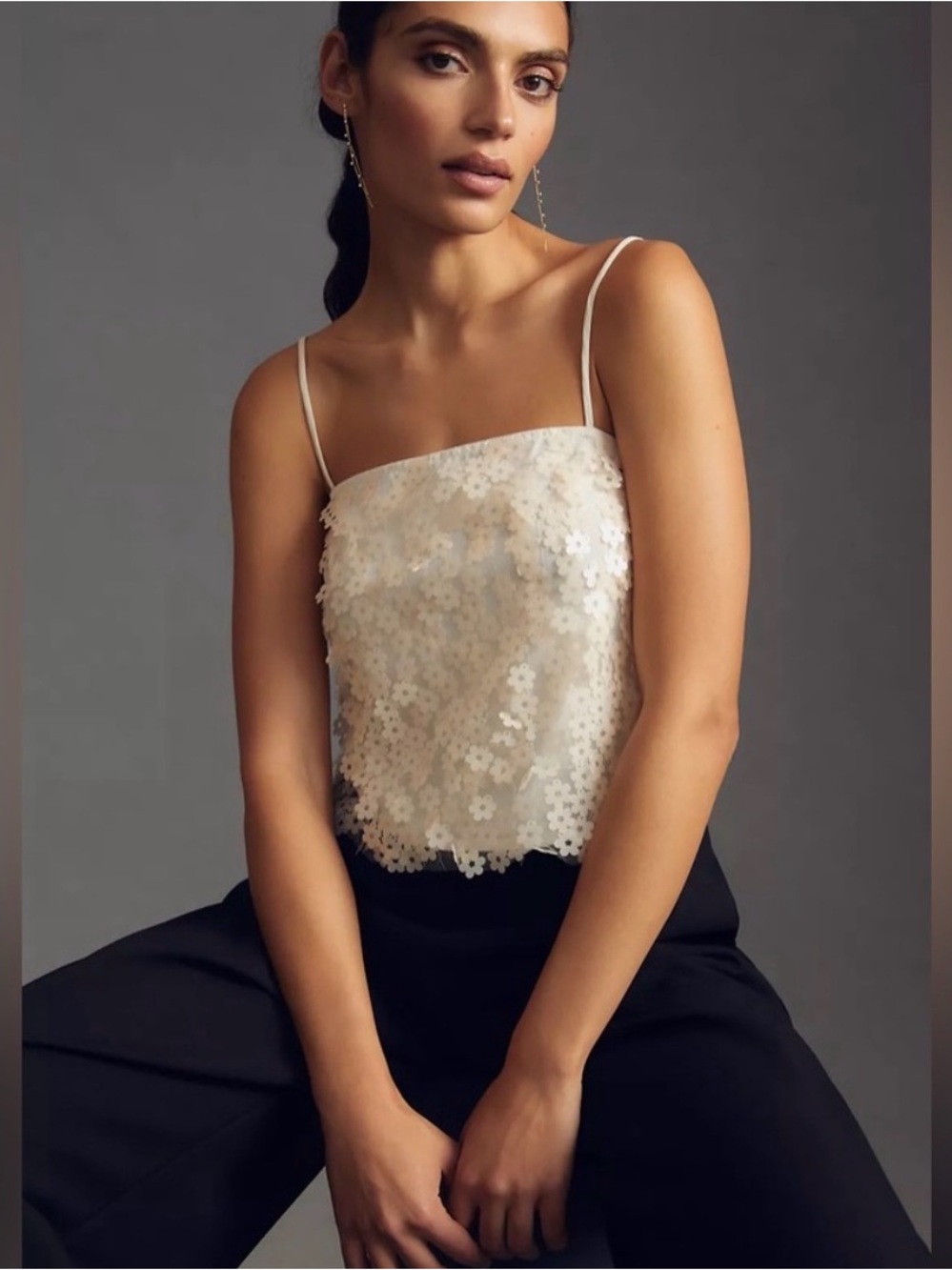 ASTR Luxoria Top Delicate Ivory Sequin Floral Camisole Top Size S